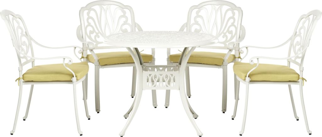BELIANI Balkonset Cremeweiß u. Grün Aluminium 5-Teilig Runder Balkontisch mit 4 Stühlen u. Sitzkissen Vintage Stil Outdoor Balkon Terrasse Garten