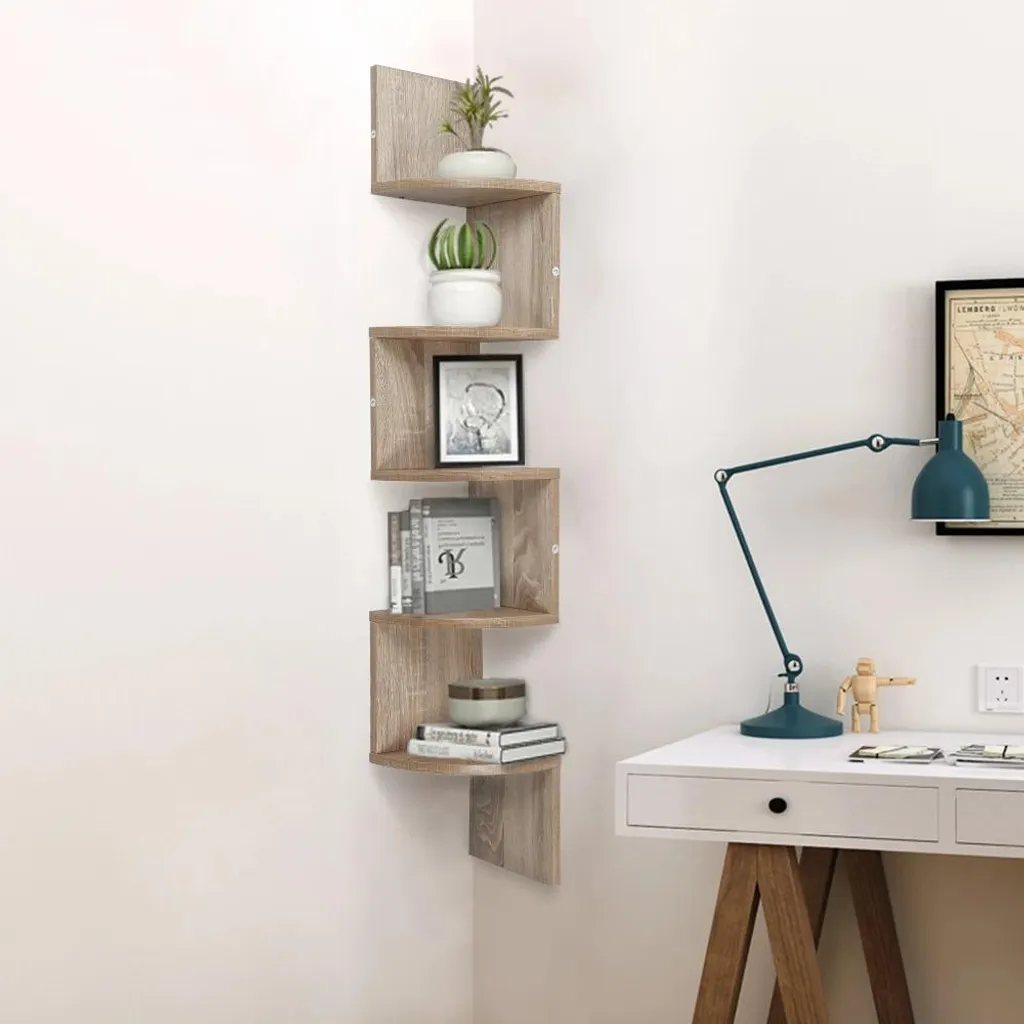 Rangement mural d'angle gain de place 5 niveaux bois vert foncé salon