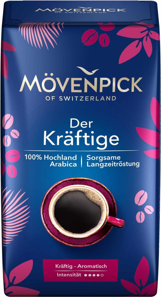 A bag of Mövenpick coffee beans with a cup of coffee shown.