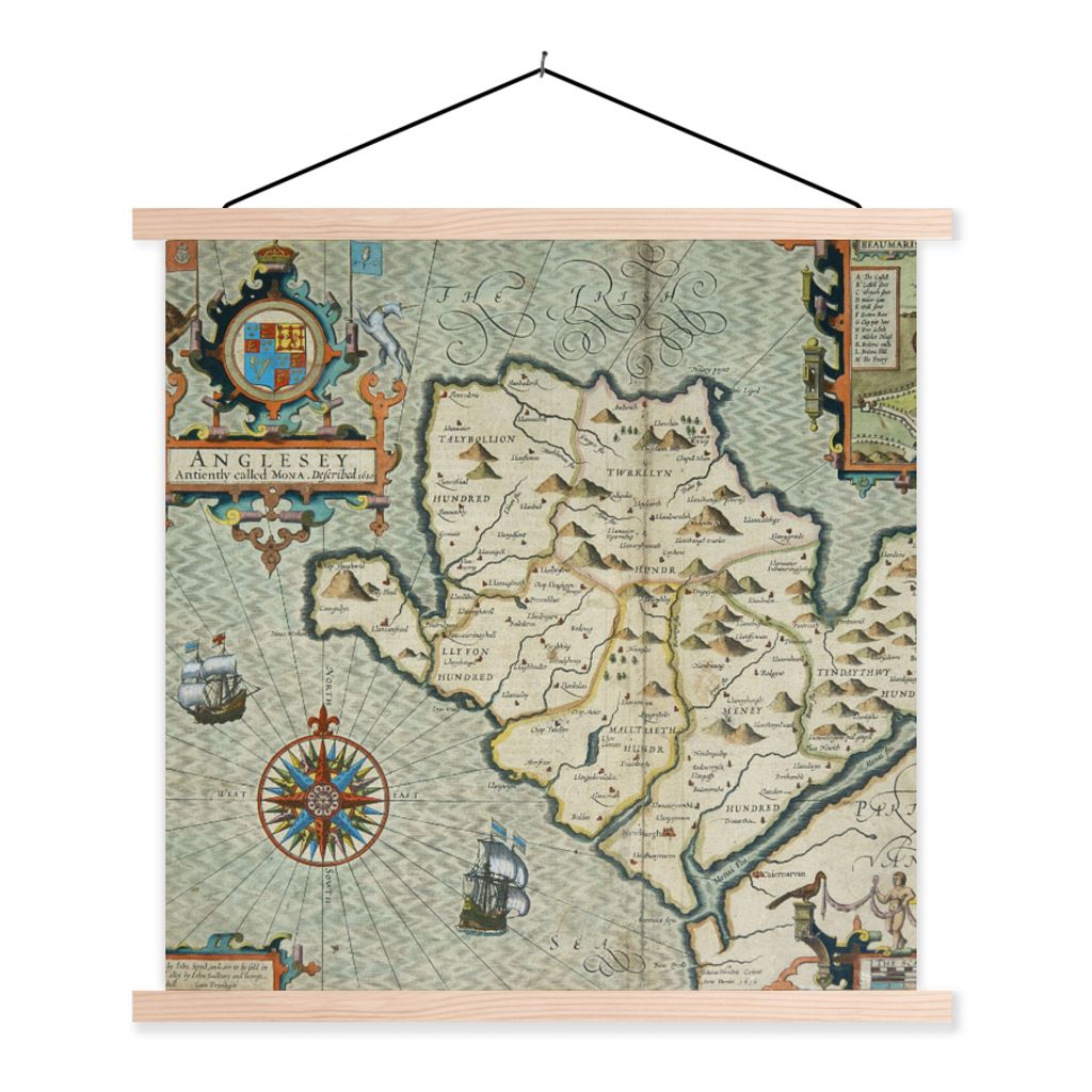MuchoWow Textilposter Karte - Anglesey - Vereinigtes Königreich - Wales 120x120 cm mit holzfarbenen Rahmen - Textil-Poster