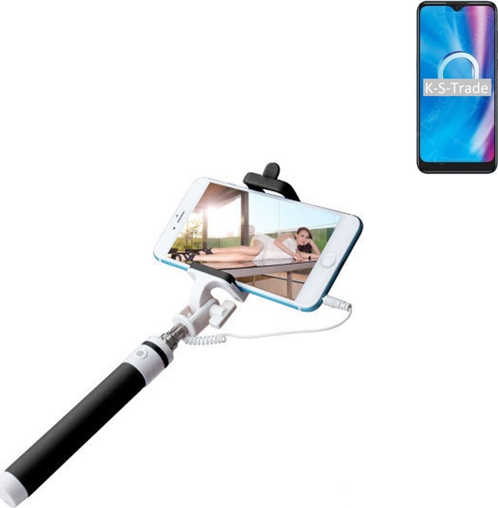K-S-Trade Selfie Stick kompatibel mit Alcatel 1S (2020) Selfiestick kabelgebunden Monopod mit Kabel Stab Stange Selfportrait Handheldstick schwarz 1x