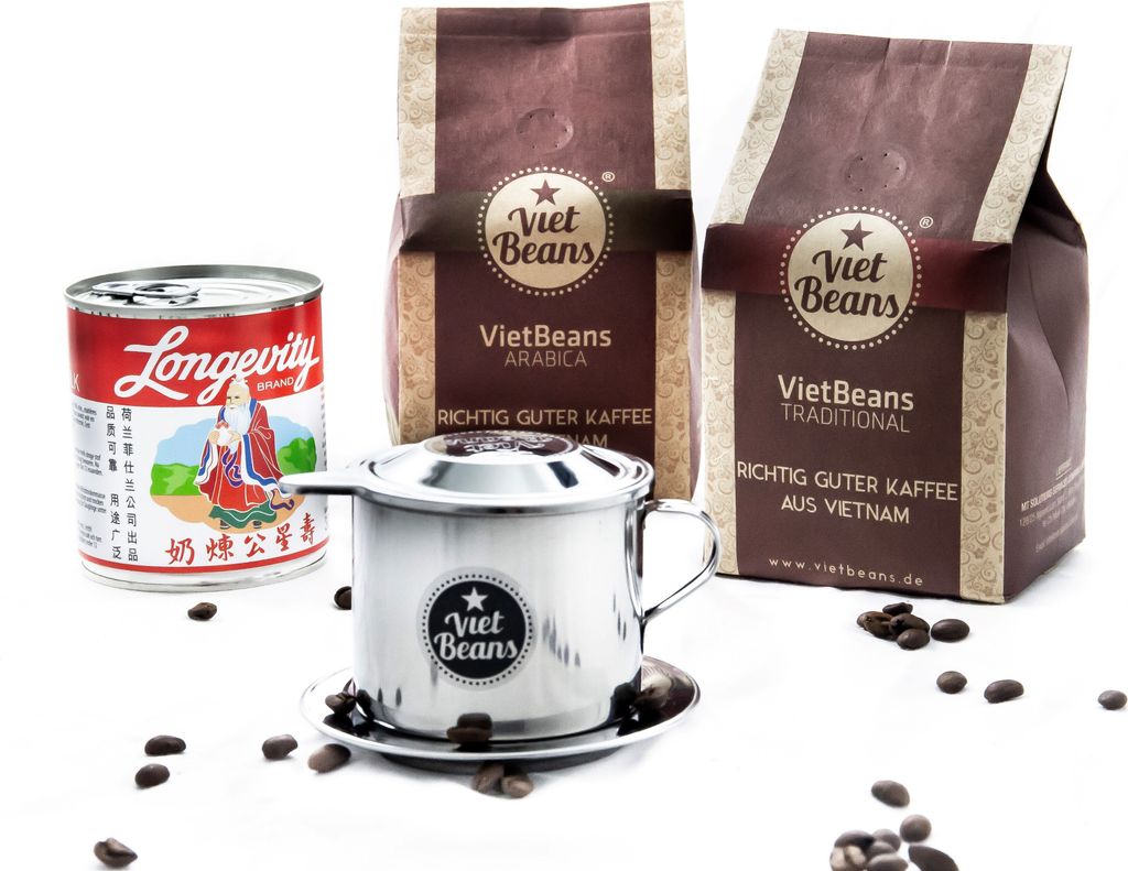Vietnamesisches Kaffee-Starterset VietBeans gemahlen - 2 x 250g gemahlener Röstkaffee + Filter (Phin) + gez. Kondensmilch