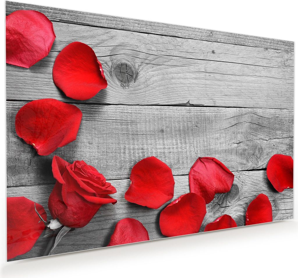Glasbild Wandbild Rosenblätter auf Holztisch 120x80cm in XXL für Wohnzimmer, Schlafzimmer, Badezimmer, Flur