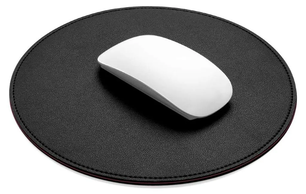 Tapis de souris rond en cuir PU noir 220mm avec bords cousus durables