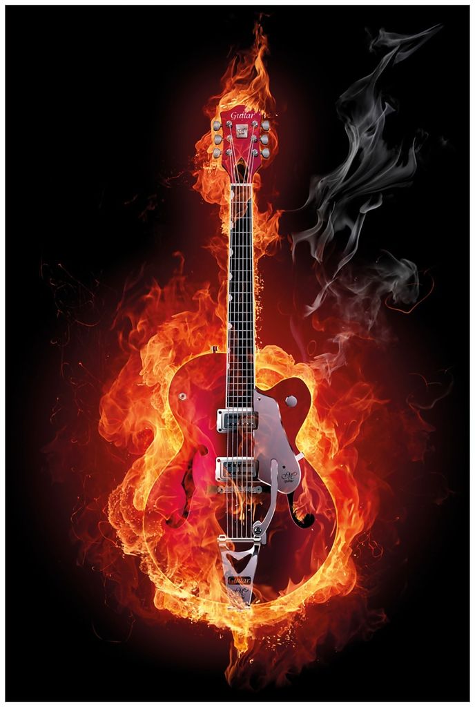 Wallario Premium Glasbild, freischwebende Optik, kräftige Farben, Größe 90 x 60 cm Motiv Brennende Gitarre