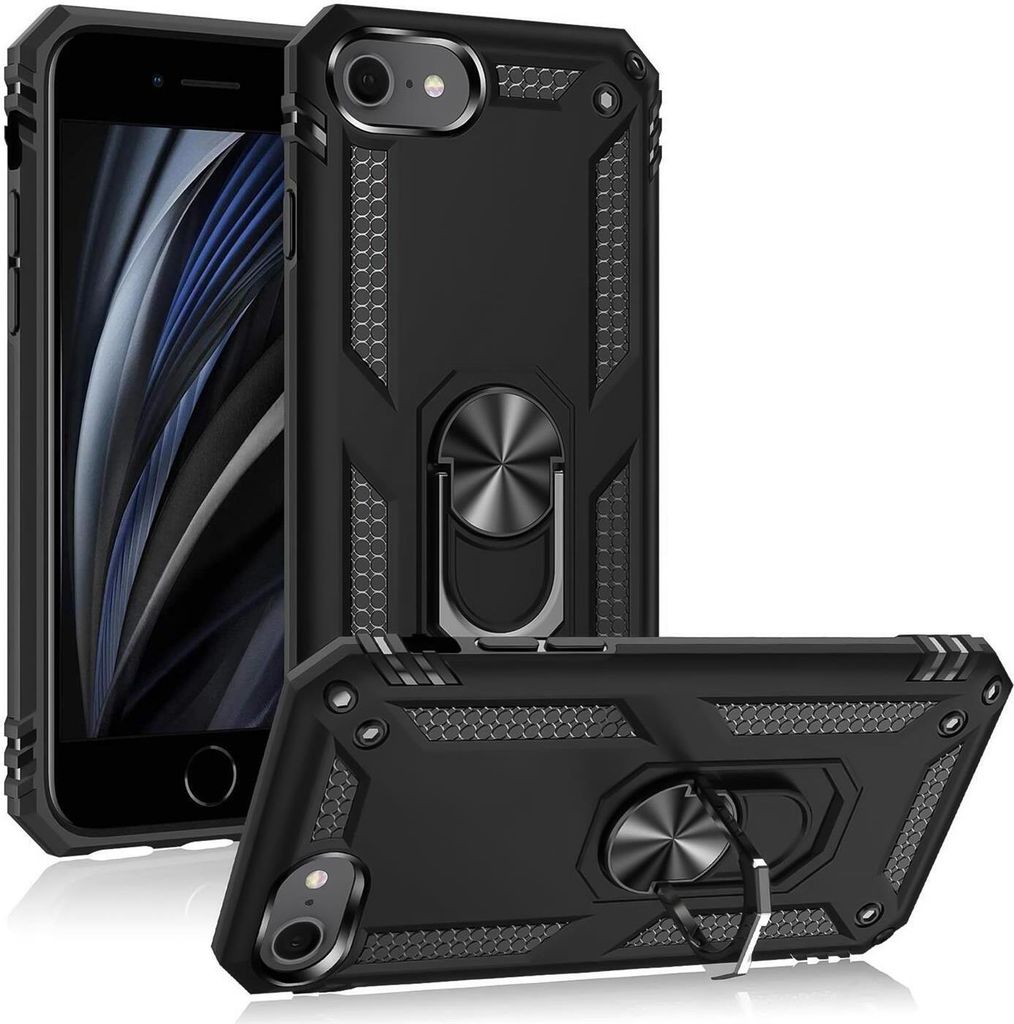 Conie Outdoor Schutzhülle für iPhone 7 / 8 / SE 2 / SE 3 Tasche Silikon Hard Case Cover Hülle mit Halter Ständer in Schwarz