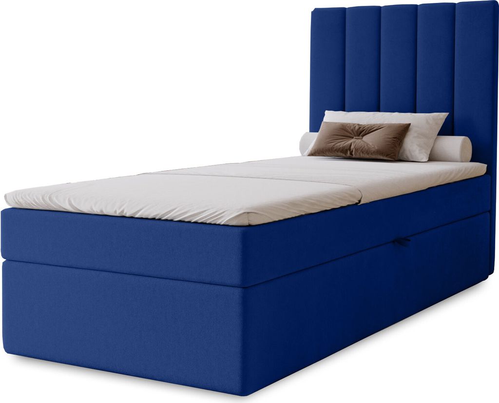 Boxspringbett Nero mit Bettkasten, 90x200, Farbe: Blau, Velourstoff, Doppelbett mit Bonell-Matratze inkl. Topper