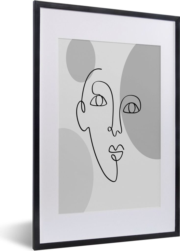 MuchoWow Gerahmtes Poster Minimalismus - Gesicht - Schwarz - Weiß 40x60 cm - Poster mit Schwarzem Bilderrahmen Wandposter Rahmen Foto Bilder - P...