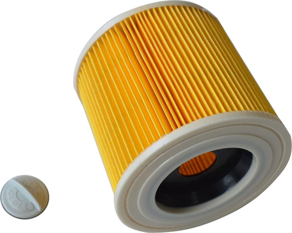 A cylindrical air filter with yellow pleats and white end caps, shown diagonally on a white background. A small gray cap with text is to the left of the filter.
