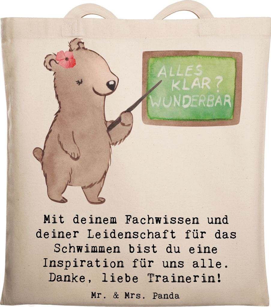 Mr. & Mrs. Panda Schultasche Schwimmen Trainerin Inspiration - Transparent - Geschenk, Stoffbeutel, Tote Bag, Schwimmlehrerin, Shopping Tasche, Beu...