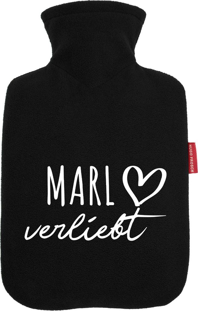 Huuraa Wärmflasche Marl verliebt 1,8 Liter Black Classic Veloursbezug Bettflasche Geschenkidee