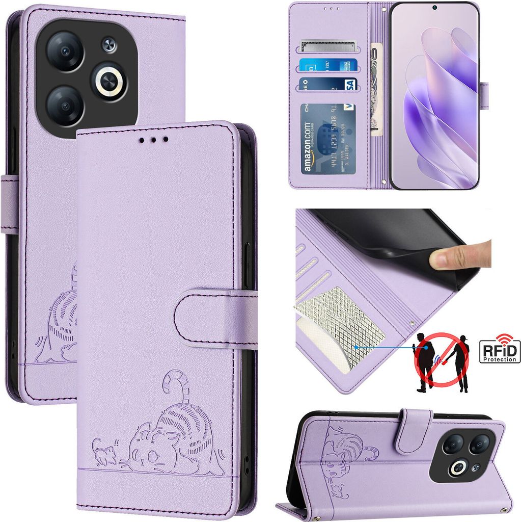 Leder Hülle für Infinix Smart 8 Süße Katze Flip Case Brieftasche Schutzhülle mit Standfunktion Lila
