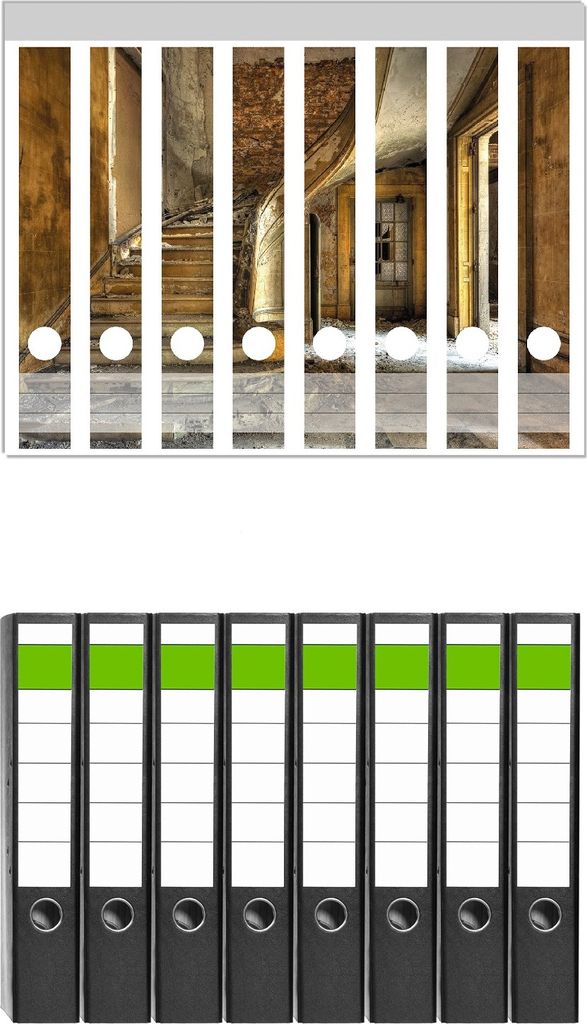 Wallario 8 Stück schmale Ordner inkl. Klebeetiketten mit Motive Massive Steintreppe in herrenlosem Haus - Set mit Rückenschildern / Ordnerrücke...