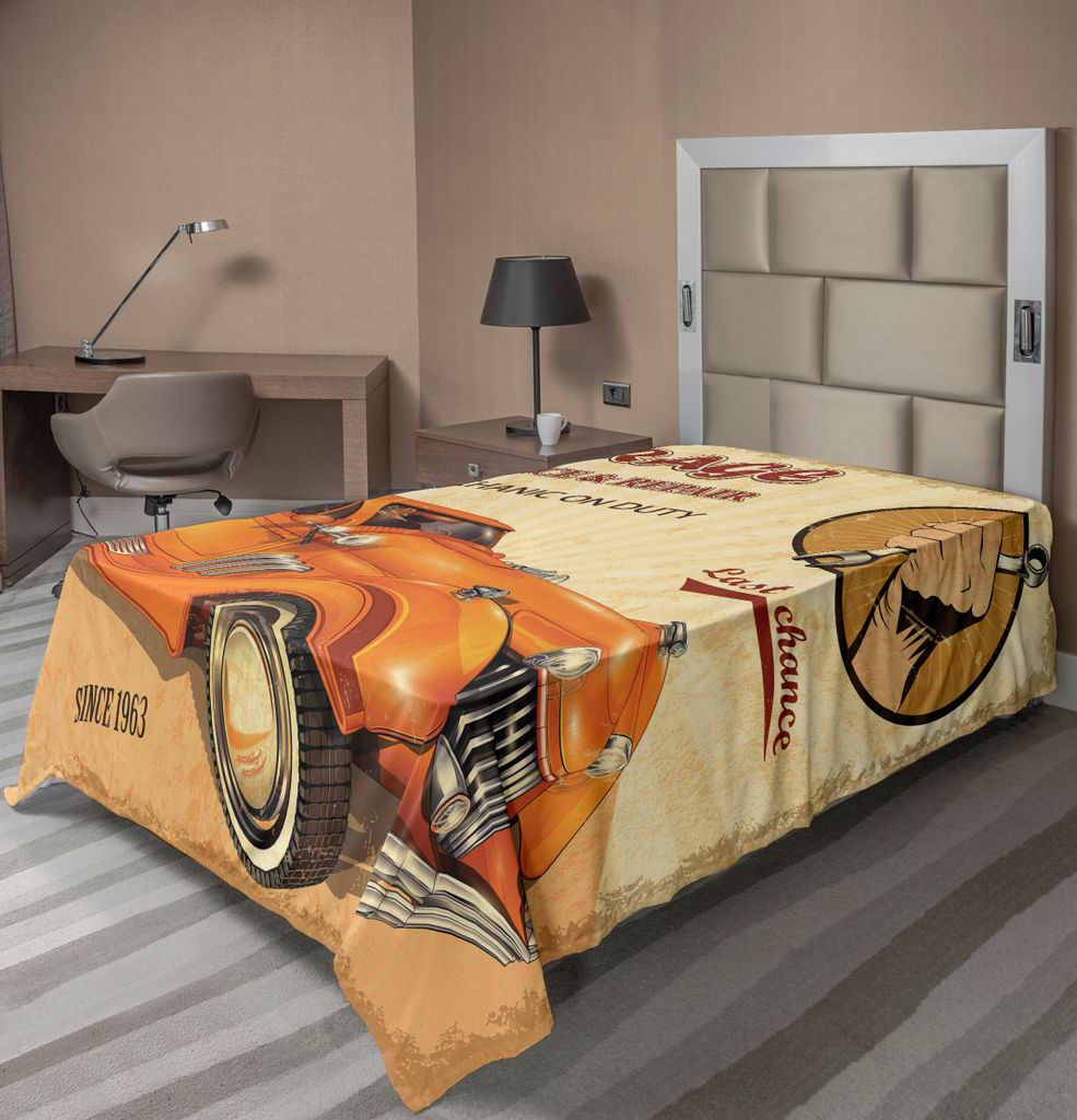ABAKUHAUS Retro Bettlaken, Vintage Garagen Werbung Kunst Getragener Druck Maschinen Und Mechanischen Symbolen, weiches bequemes oberes Bettlaken f...