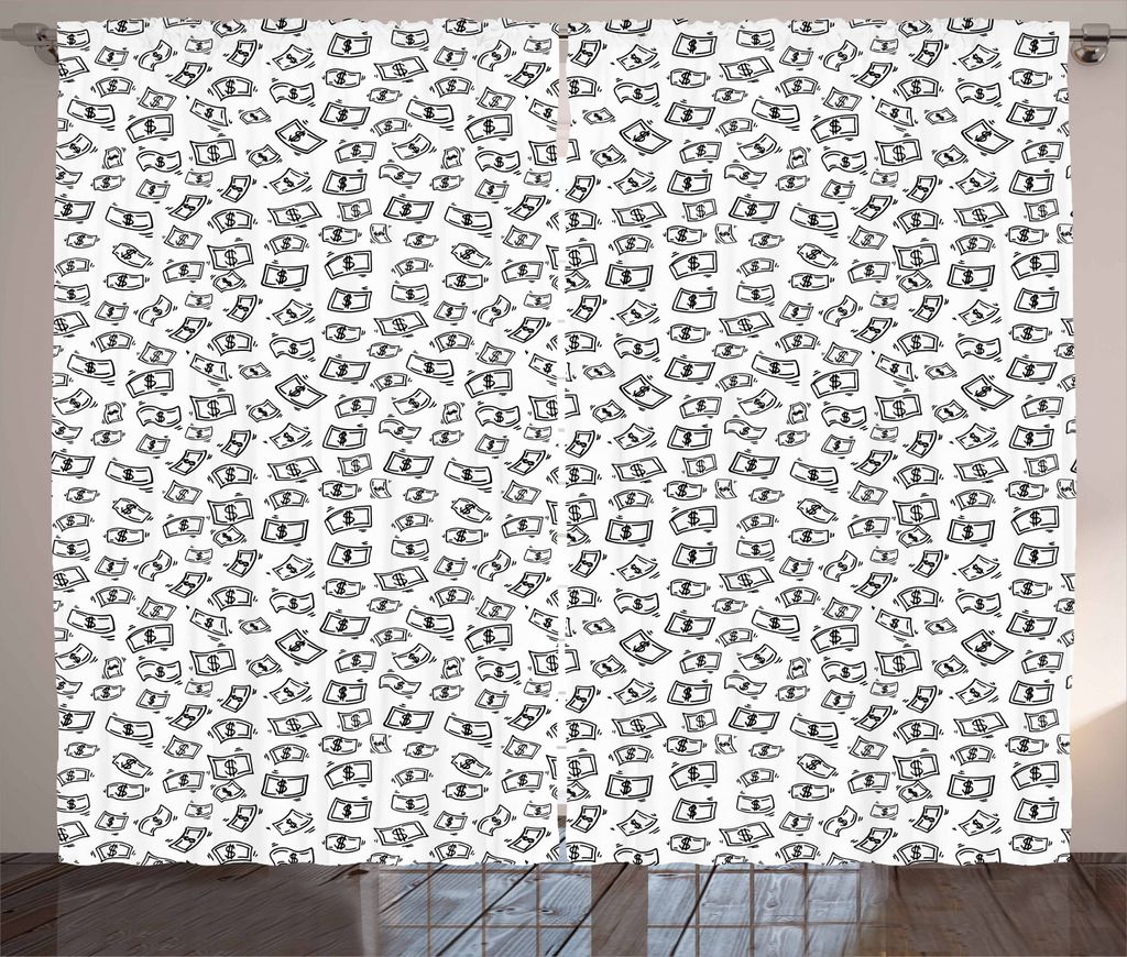 ABAKUHAUS Geld Rustikaler Vorhang, Rainbing Dollar Bills, Wohnzimmer Universalband Gardinen mit Schlaufen und Haken, 280 x 225 cm, Weiß Schwarz