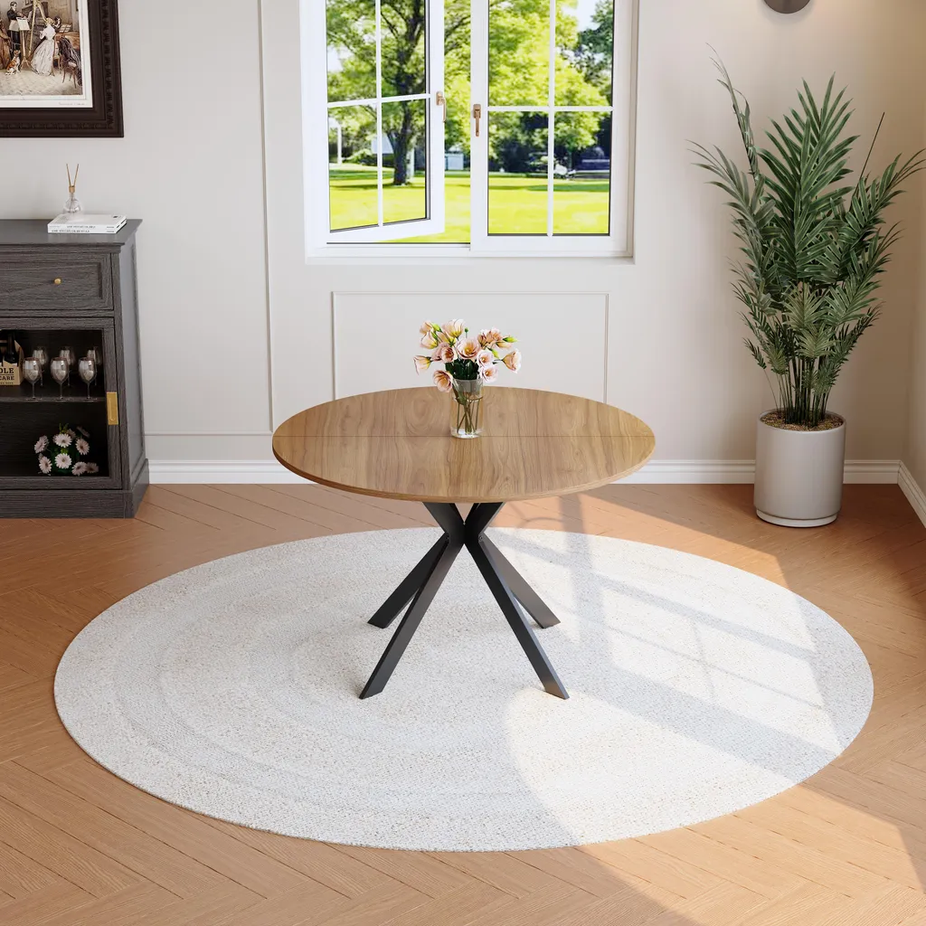 Table ronde aspect noyer 110cm avec plateau MDF et pieds croisés noirs