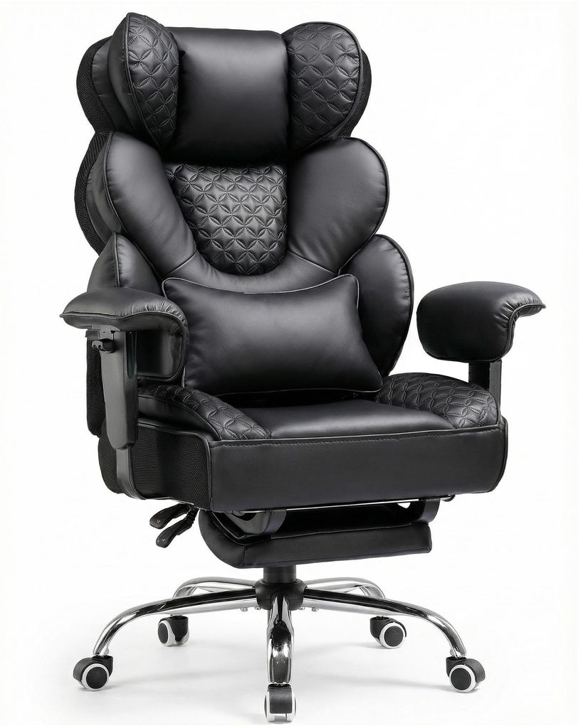 COMHOMA Ergonomischer Gaming Stuhl, Bürostuhl 180 kg, mit Verstellbarer Lendenstütze & Fußstütze, Hybrid-Design aus Kunstleder & Mesh, Chefsessel