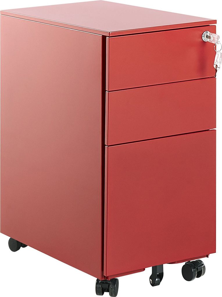 BELIANI Aktenschrank Rot Metall mit 3 Schubladen Abschließbar Rollbar Modern Metallschrank für Arbeitszimmer Büro Homeoffice Garage Werkstatt