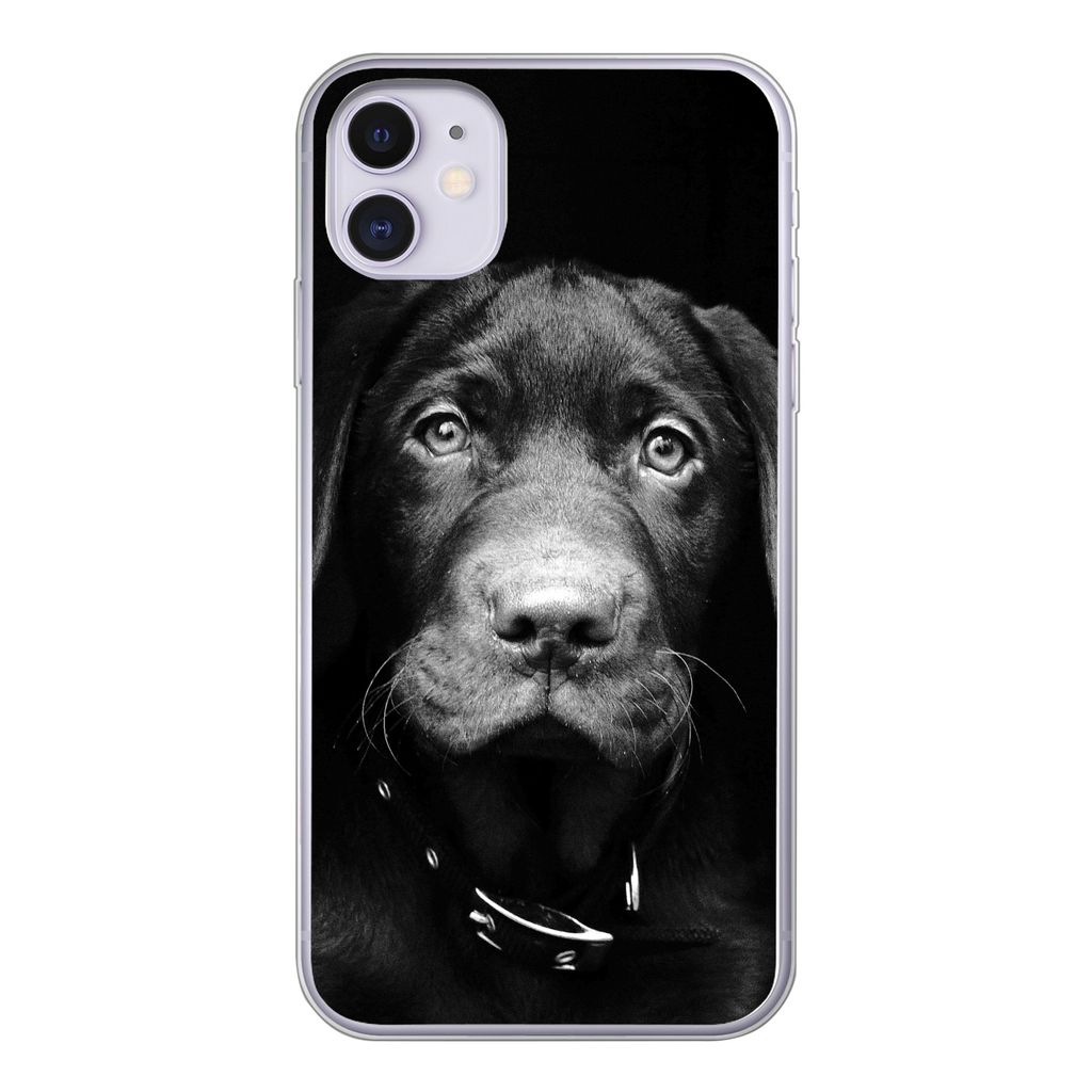 MuchoWow Handyhülle Schutzhülle Hülle für iPhone 11 Nahaufnahme Labrador Welpe vor schwarzem Hintergrund in schwarz und weiß Silikon Softcas...