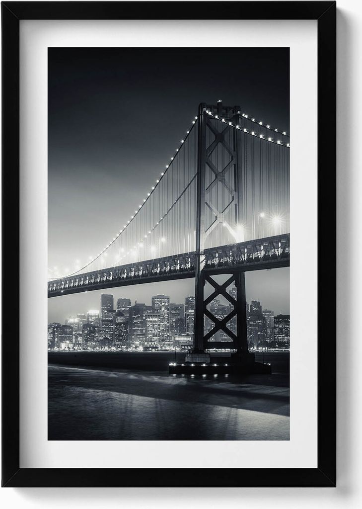 Brücke bei Nacht in San Francisco– Wandbild mit Rahmen – Gerahmtes Bild – Wanddekoration – 40x60 cm – Schwarz