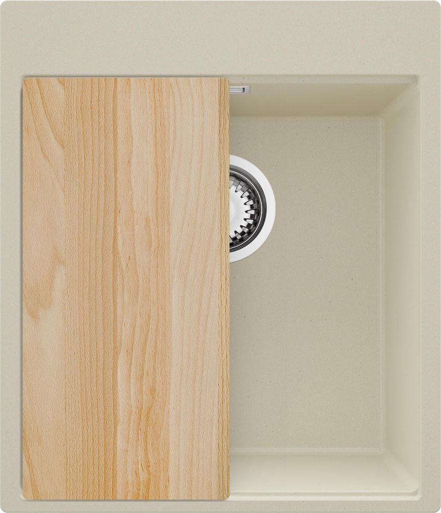 PRIMAGRAN Spülbecken Beige 43x50cm, Granitspüle 1 Becken + Ablauf-Set + Schneidebrett, Küchenspüle ab 45er Unterschrank - Oslo