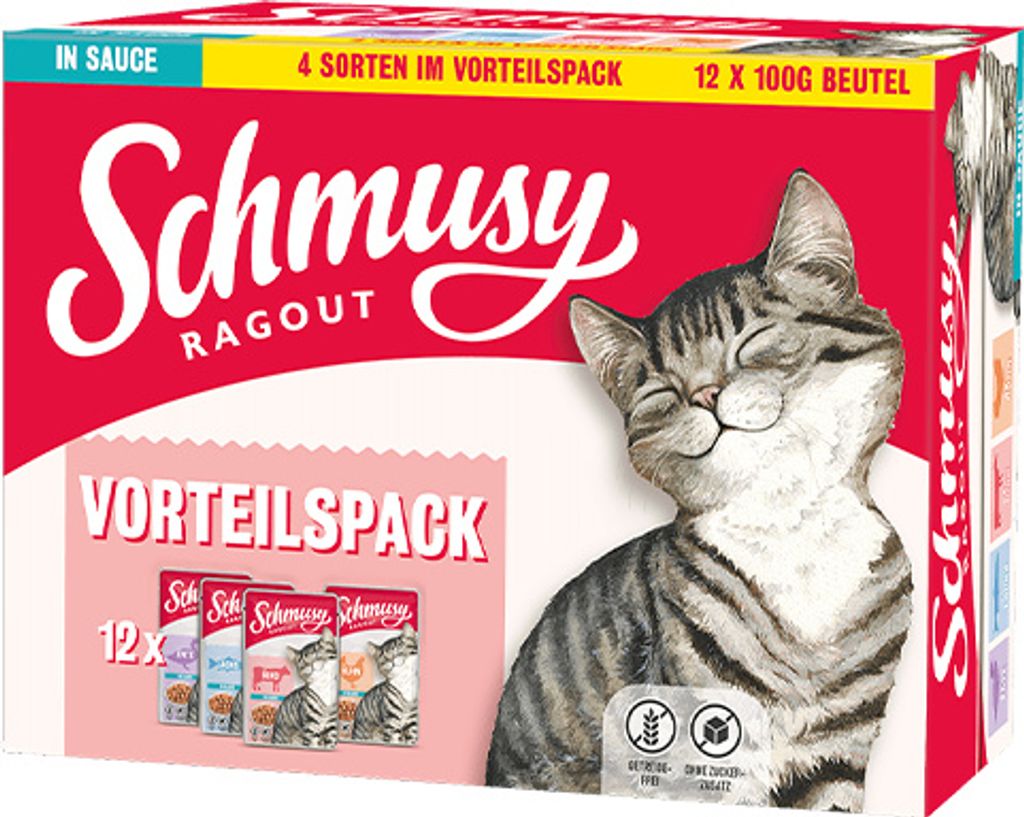 Schmusy Ragout | Multibox Huhn, Rind, Lachs, Ente| Frischebeutel | SAUCE | 4 x 12 x 100 g (VE)