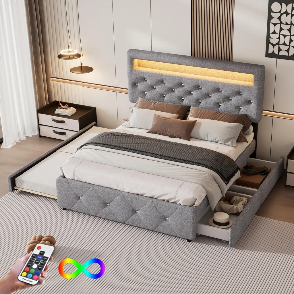 Lit 140x200 gris : fini le manque de place avec tiroirs et lit d'appoint