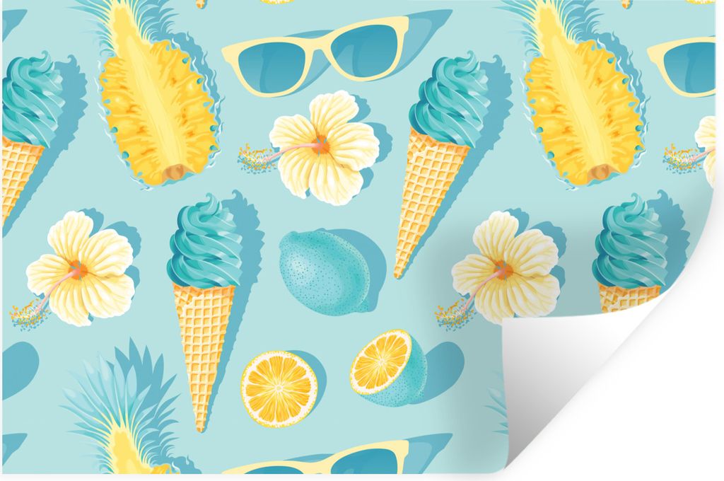 MuchoWow Wandtattoo Wandsticker Wandaufkleber Sommer - Obst - Blumen - Blau 120x80 cm Selbstklebend und Repositionierbar - Selbstklebend - Fotota...