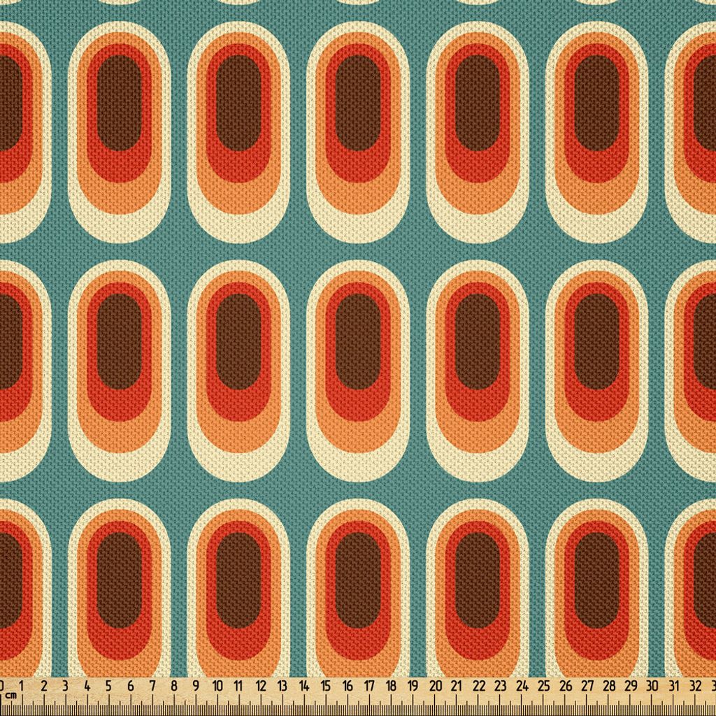 ABAKUHAUS Retro Satin Stoff als Meterware, Vintage 70'er Look Abstrakt Kreisförmige Motiven Muster, 1 M (148 x 100 cm), Mehrfarbig