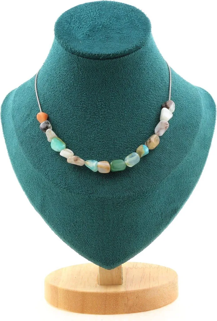 Collier perles opales multicolores et chaîne acier inoxydable pour femme
