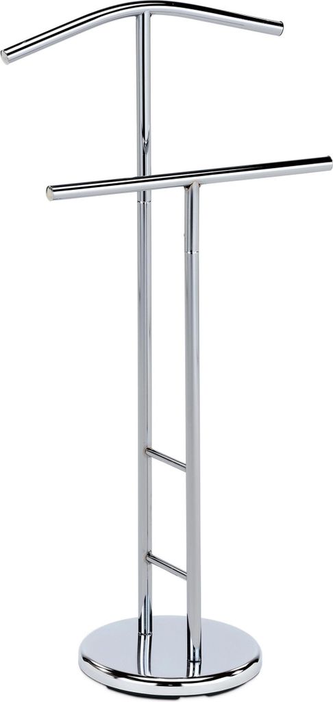 A chrome valet stand with a hanger and a bar for trousers or towels.