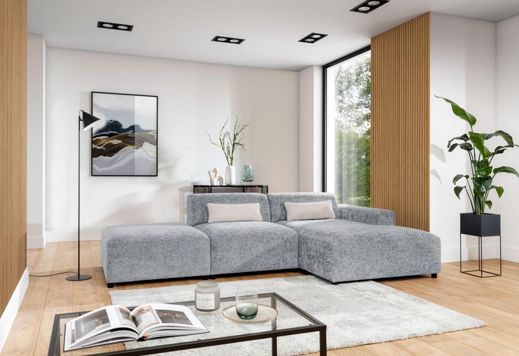 AX LIVING Couch Hellgrau L Form Jughlio Ecksofa mit Hocker 304 cm R