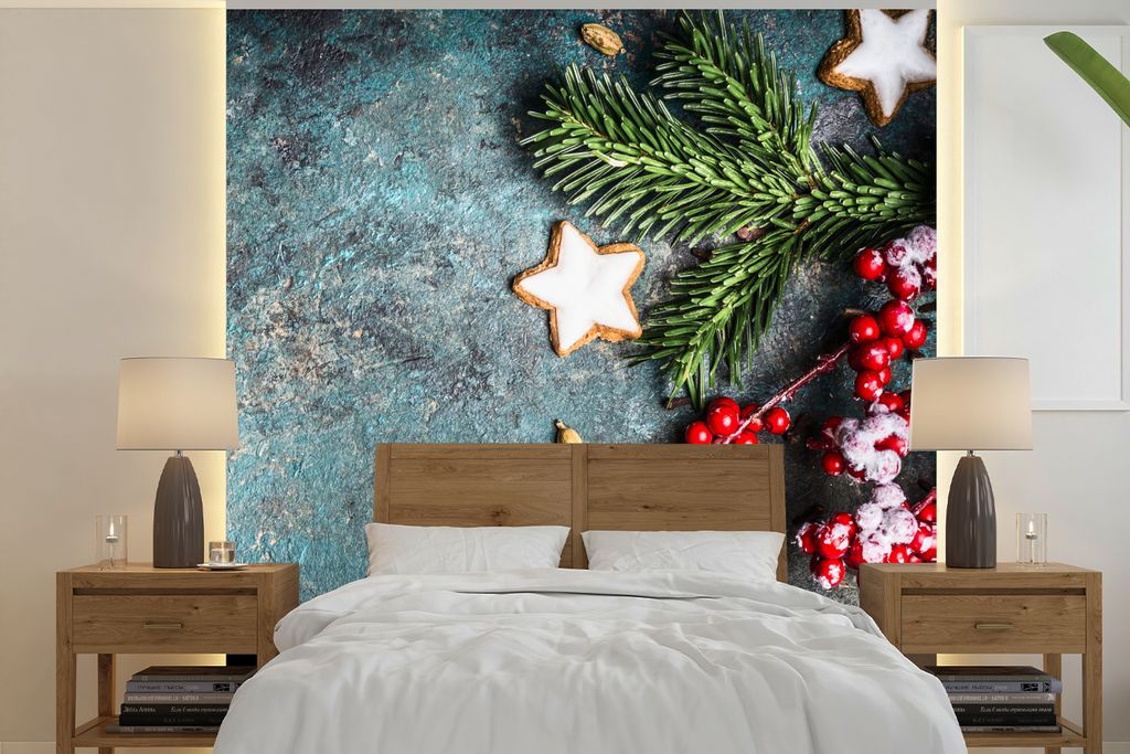 MuchoWow Fototapete für Wohnzimmer oder Schlafzimmer Wandtapete Vinyl Motivtapete Weihnachten - Rustikal - Zweige - Sternanis - Beeren - Rot - 3...
