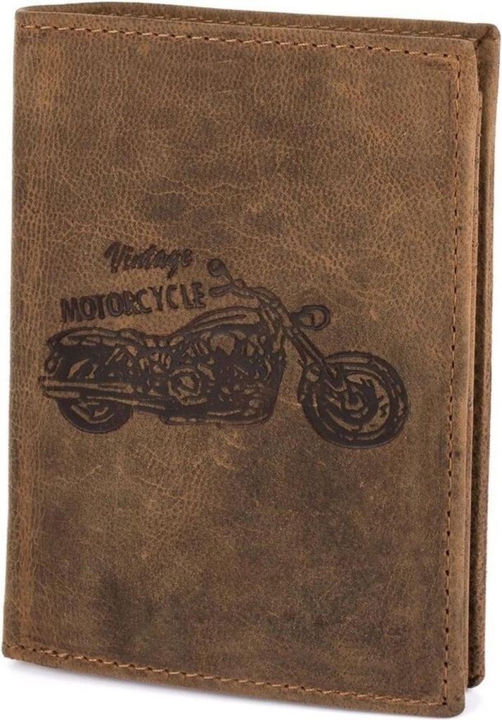 Elegante Herren-Geldbörse aus Leder mit RFID-Schutz, Vintage-Braun, groß, vertikal, Motorrad-Design