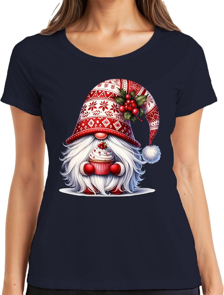 Weihnachten Gnom mit Cupcake Weihnachtsmütze Wichtel Weihnachtszwerg Damen T-Shirt, Navy, M