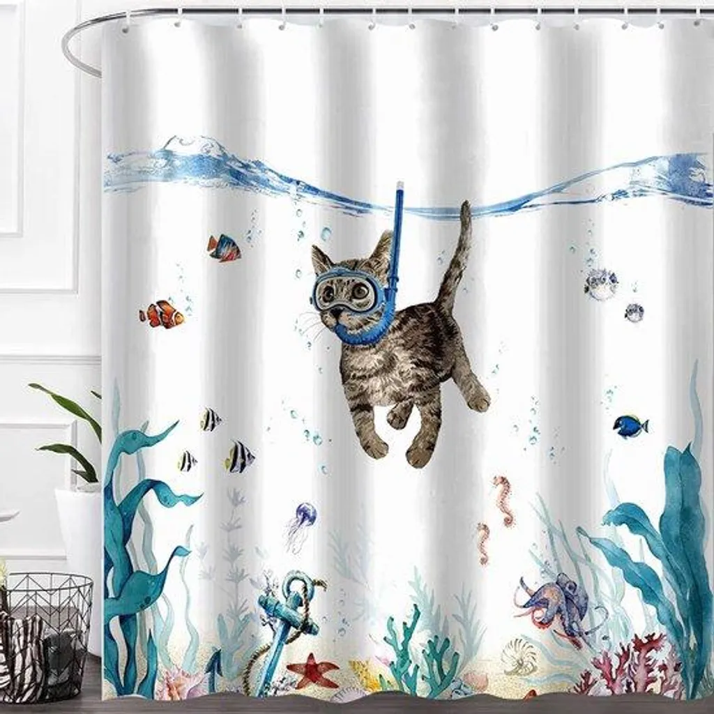 Rideau de douche bleu imperméable motif chat pour baignoire 180x180cm