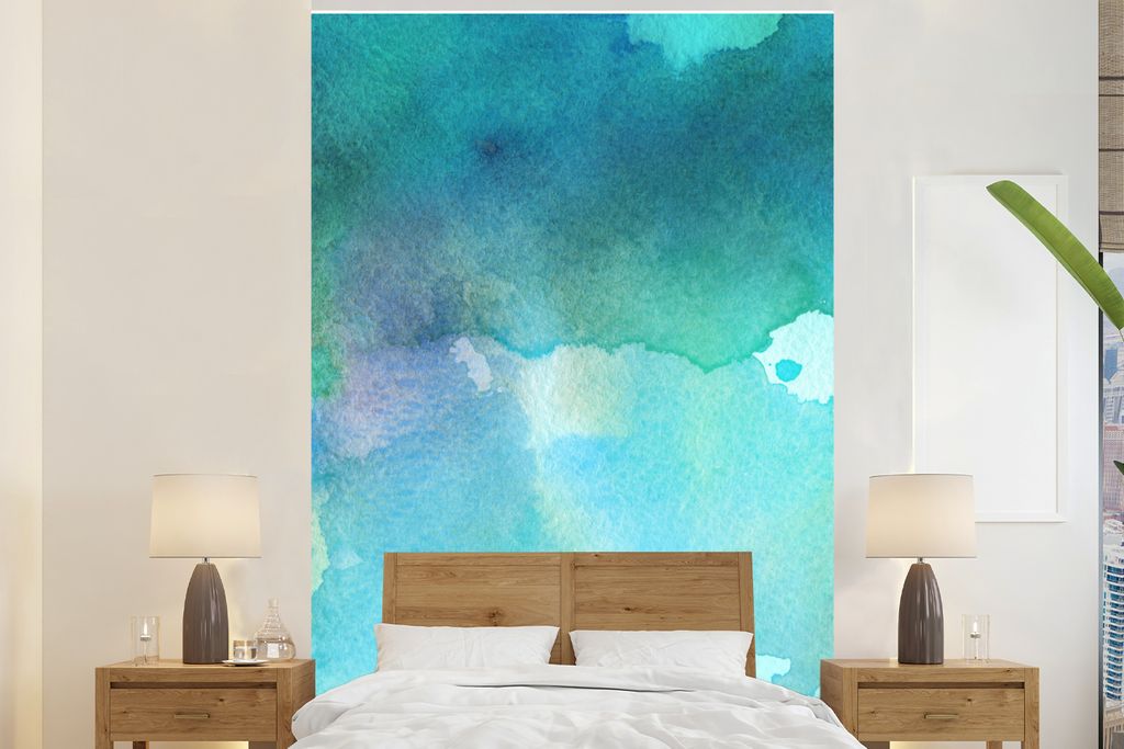 MuchoWow Fototapete für Wohnzimmer oder Schlafzimmer Wandtapete Vinyl Motivtapete Aquarell - Grün - Blau - 145x220 cm - Wanddekoration