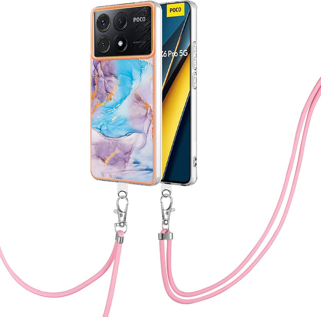 Handykette Hülle für Xiaomi Poco X6 Pro/Redmi K70E Muster TPU Schutzhülle mit verstellbarem Tragegurt Blau