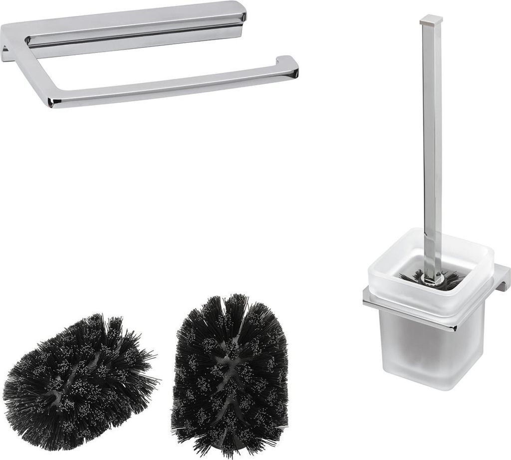 BadeDu SIRIUS 3-teiliges Badaccessoire Set in Chrom Toilettenpapierhalter, Toilettenbürste mit Halter, inklusive 2 Ersatzbürstenköpfe