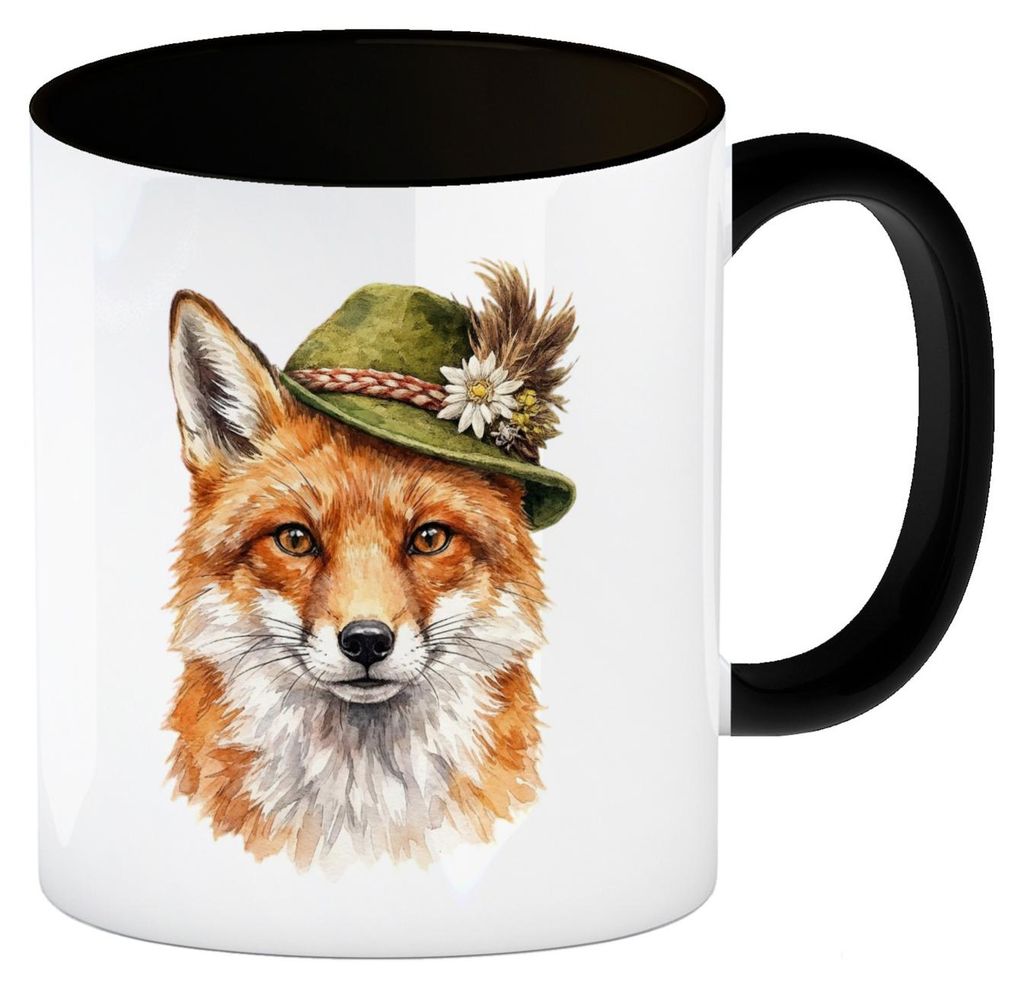 Fuchs mit alpenländischem Trachtenhut Kaffeebecher in schwarz