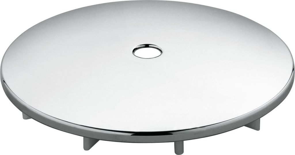 A chrome-plated drain cover with a central hole and several supporting legs underneath.