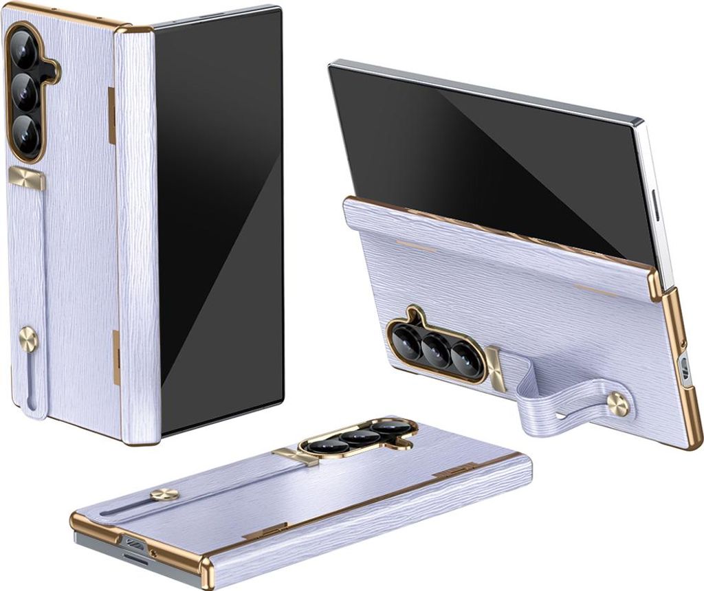 Handyhülle für Samsung Galaxy Z Fold 7 Lederhülle mit Handschlaufe, Ständer, Scharnierschutz Lila