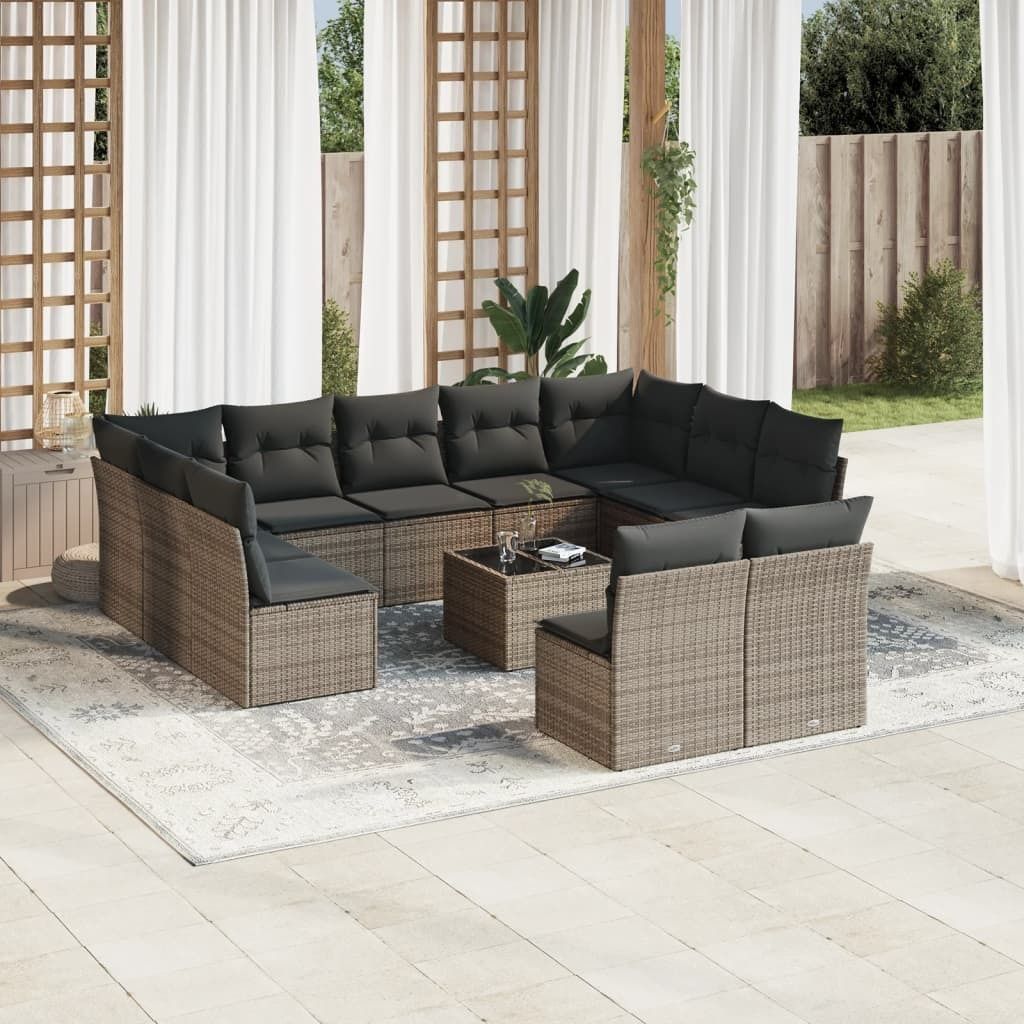Design 12-tlg. Garten-Sofagarnitur mit Kissen Grau Poly Rattan, Gartenmöbel-Sets 2024 Neu