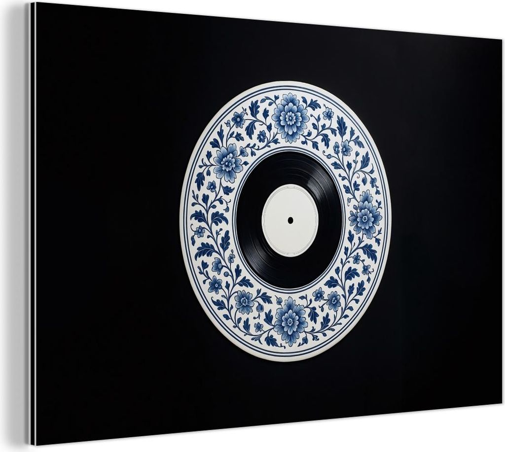 MuchoWow Wanddekoration Metall Metallbild Wandkunst 120x80 cm Vinyl - LP - Delfter Blau - Musik MuchoWow Aluminium Gemälde - Alu Bild