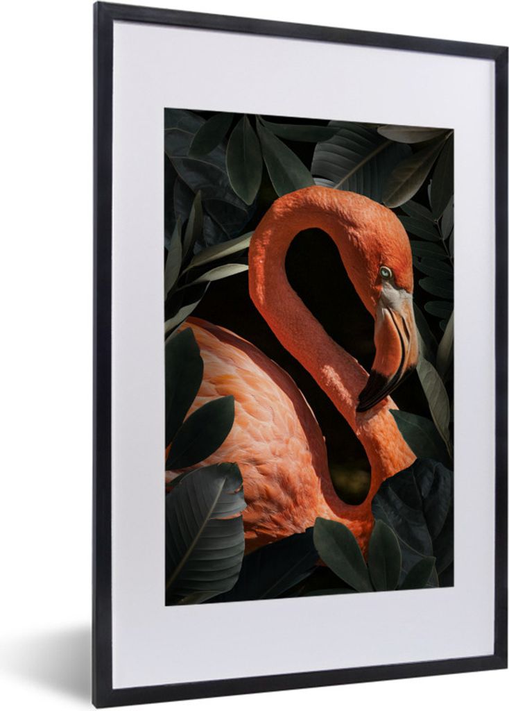 MuchoWow MuchoWow Gerahmtes Poster Flamingo - Porträt - Blätter 40x60 cm - Poster mit zchwarzem Bilderrahmen - Poster in Rahmen