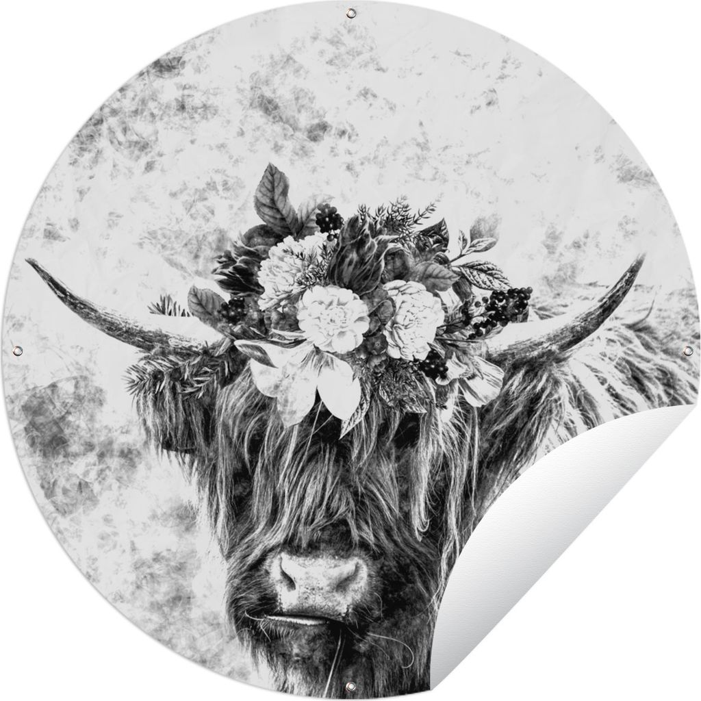 MuchoWow Gartenposter Outdoor-Poster Rund Schottischer Highlander - Blumen - Schwarz - Weiß Ø 60 cm Gartendeko Rundes Poster draußen