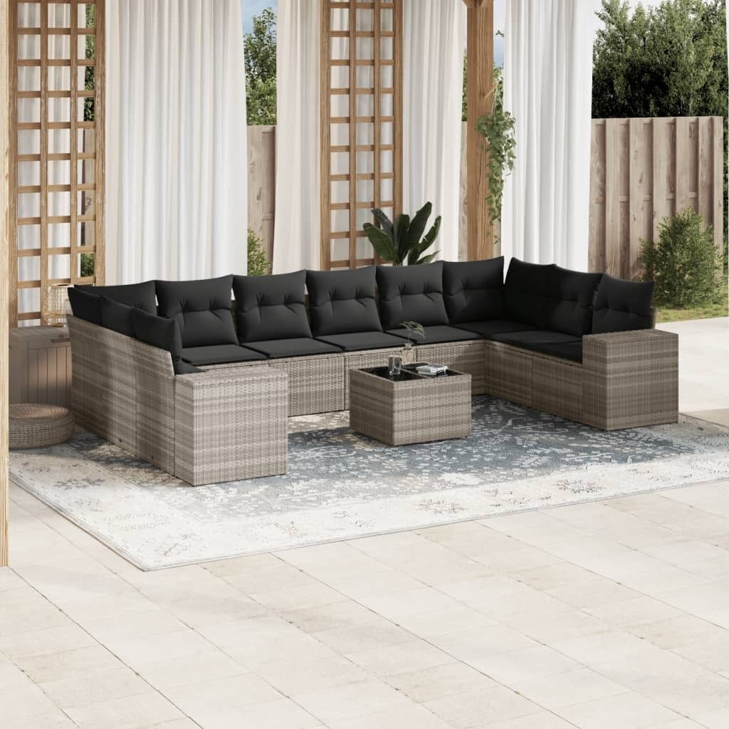 Industrie-Stil 11-tlg. Garten-Sofagarnitur Sofa Set mit Kissen Hellgrau Poly Rattan Terrassenmöbel2024 cloris