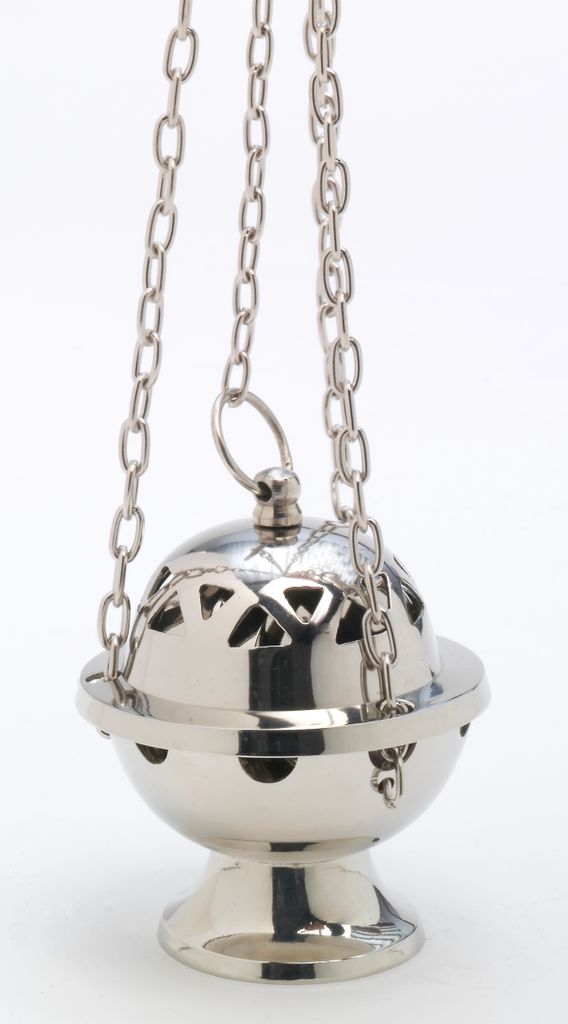 Weihrauchfass mit Kette zum Hängen aus Messing vernickelt Silber Höhe 11 cm mit Innenschale aus Sta