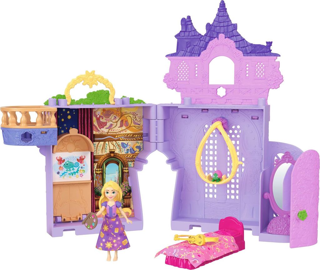 Mattel Disney Princess Rapunzel Storytime Stackers Puppenhaus mit kleiner Puppe, Pascal-Figur und 7 Zubehörteilen