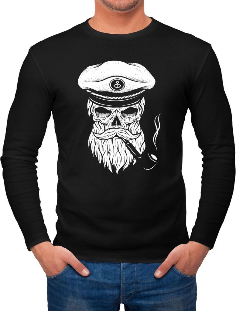 Herren Longsleeve Totenkopf Captain Skull Kapitän Anker Langarmshirt Neverless schwarz S